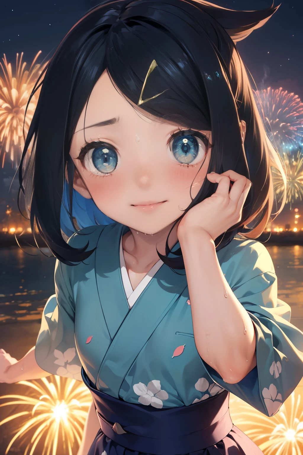 (((nsfw))), (masterpiece, Highest quality, 8K ultra-high resolution:1.4), 14yo, kawaii, Pokemon Riko, Down blouse, ((水色のFrillsのブラジャー)), (A colorful navy blue yukata, Frills, night: 1.4), (Summer festival), ((turn around)), Beautiful Eyes,Flash photography, Backlight, ((Close-up of face:1.4)), (The best smile:1.4), (Show your palm to the camera), (Beckon), Written boundary depth, Dramatic portrayal, (Colorful fireworks background), Focus of the film, , Emotional composition, Emotional engine full throttle BREAK Young and cute, Slender body, Flat Chest, Highly detailed glossy skin,Sweat, 完璧なPokemon Riko
, Wind, detailed in the Wind, petals dancing in the Wind
BREAK
ultra detailed crystal eyes, Eyes like shining jewels