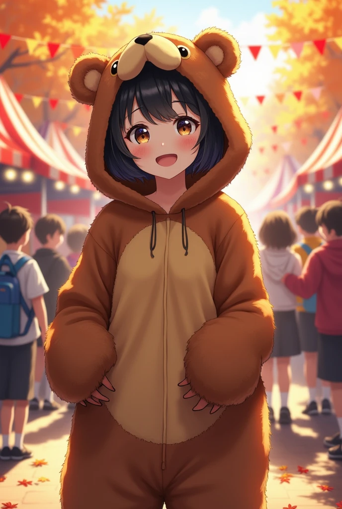 A realistic bear costume and a Japanese short-haired high school girl