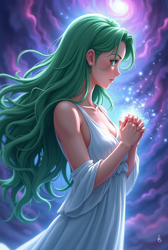 Make Broly from Dragon Ball Z but have her be a woman and in a position of accumulating energy while her fists are closed and her arms are bent forward with her torso slightly back and her profile on the left side as much as possible so that she doesn't look so strong but like a delicate woman.
