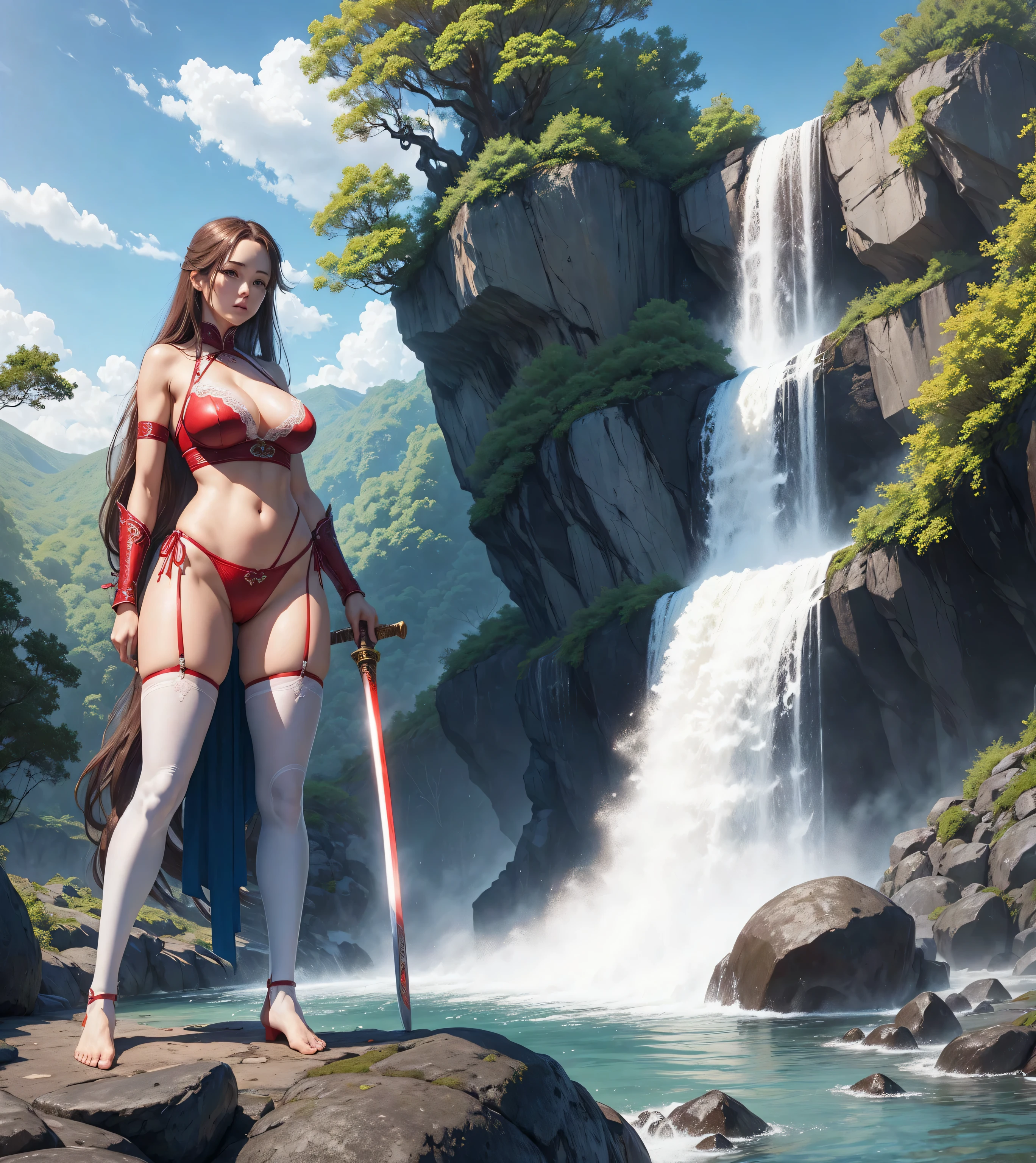 Uma mulher vestida de lingerie vermelha segurando uma espada em frente a uma waterfall, Kizi, in battle stance, standing backwards, a shiny katana (holding it by the handle), very long brown hair, blue colored eyes, big-ass, red thong with strings, white lace thigh high stockings, cinematic light, Trees, waterfall, Chinese shrine, blue sky, white clouds, seminua, breasts big, quase nua, great breasts 