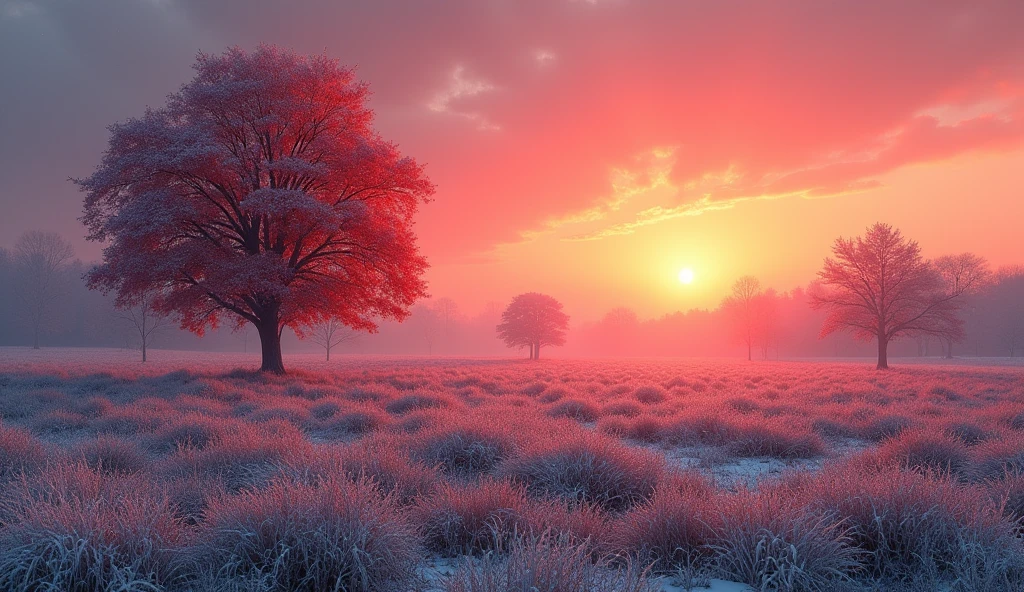 landscape of a meadow with some trees, in autumn, just with the first snows of winter, at sunset, red glow in the sky, Lonely environment, perfect lighting, Very detailed, HdR, UHD, Epic view, Exciting