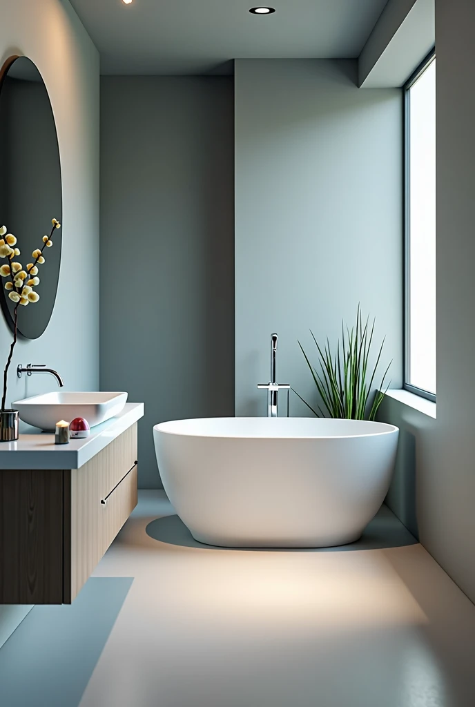 An elegantly designed home bathroom , with a minimalist style. The focus is on cleanliness and simplicity of the space. This description is for a photograph that captures the sleek, modern aesthetic of the bathroom.. The image shows the flawless surfaces, elegant lines, and thoughtful design elements that elevate the mundane space into a sophisticated oasis. Lighting highlights every detail, creating a sense of elegance and refinement that sets it apart from typical home bathrooms. the color of a wall in a grayish blue tone, portrays all sophistication and calm.