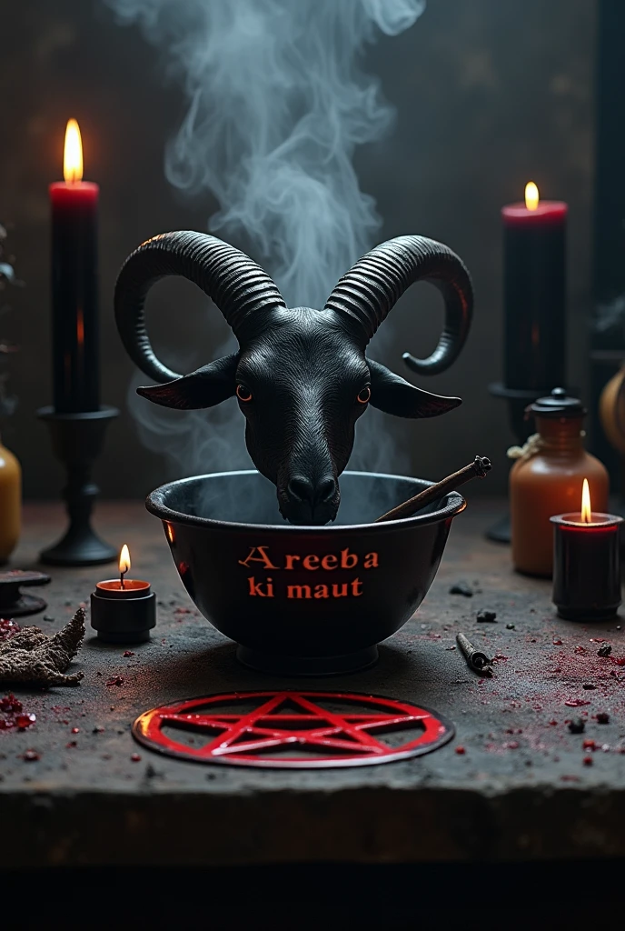 Altar with inverted pentagrams, The head of a black goat on the altar, black candles, Incense smoke rising from a bowl on the altar, which has the word written in blood "Areeba ki maut "