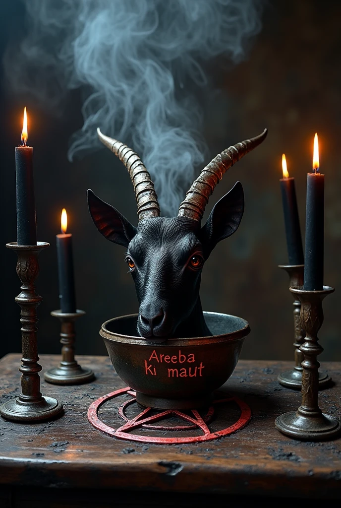 Altar with inverted pentagrams, The head of a black goat on the altar, black candles, Incense smoke rising from a bowl on the altar, which has the word written in blood "Areeba ki maut "