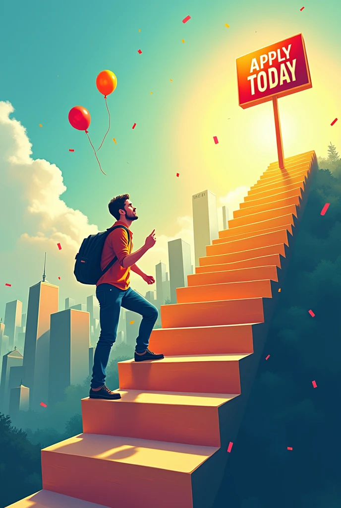 "Open Positions: Be Part of Our Growth" is a motivational scene showing a person climbing a staircase with each step labeled as a different career milestone, leading up to a sign that says "Apply Today."