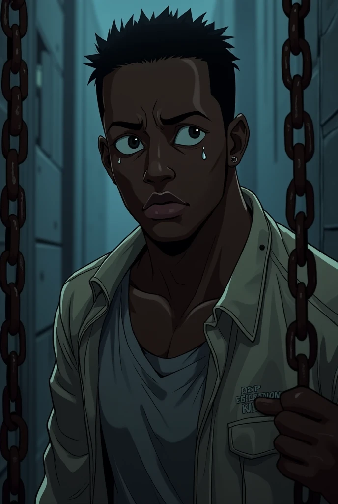 Generate me a black person who is sad like in the time when blacks were trafficked and who is made into an anime investment drawing that is a drawing must be approximately like 34 years old