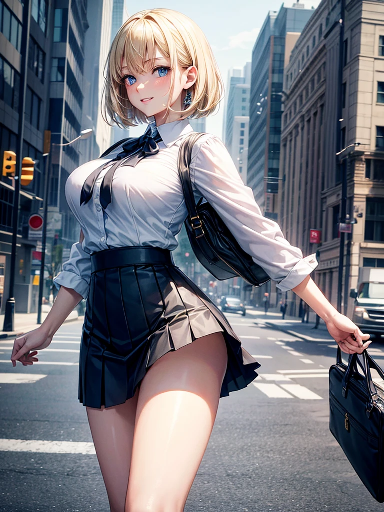 Anime style, super fine illustration, highly detailed, beautiful detailed, pale tone image, static representation, gentle expression, 8k, pretty 1girl with blonde straight short hair & blue eyes & a bright smile & full bust & soft fair skin is wearing big white business shirt not to show her skin & black tight skirt & 1business bag, on the business building street, in the morning, brilliant particles of lights, romantic stories, solo, perfect fingers, perfect arms, perfect legs, masterpiece.
