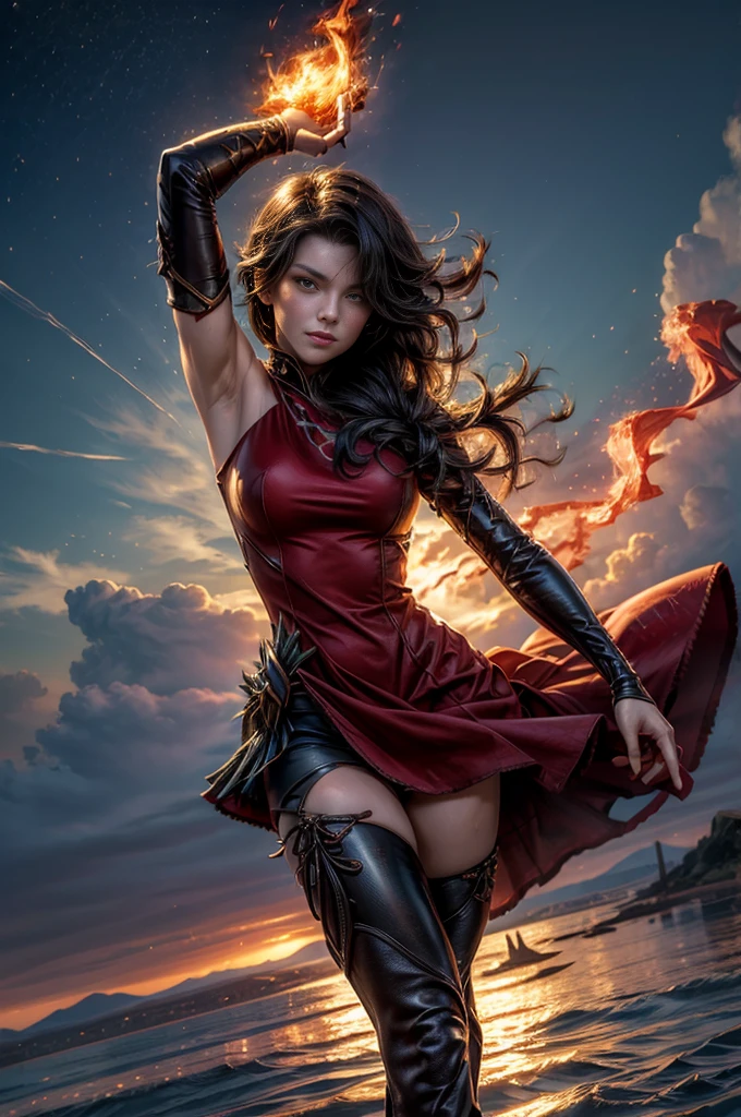 (masterpiece, best quality:1.2), cowboy shot, solo, 1girl, cinder fall, looking at viewer, long hair, red dress, elbow gloves, pantyhose, dynamic pose, flying, holding flames, high in the sky, blue sky, clouds, (volumetric lighting), sharp focus, hyper detailed 