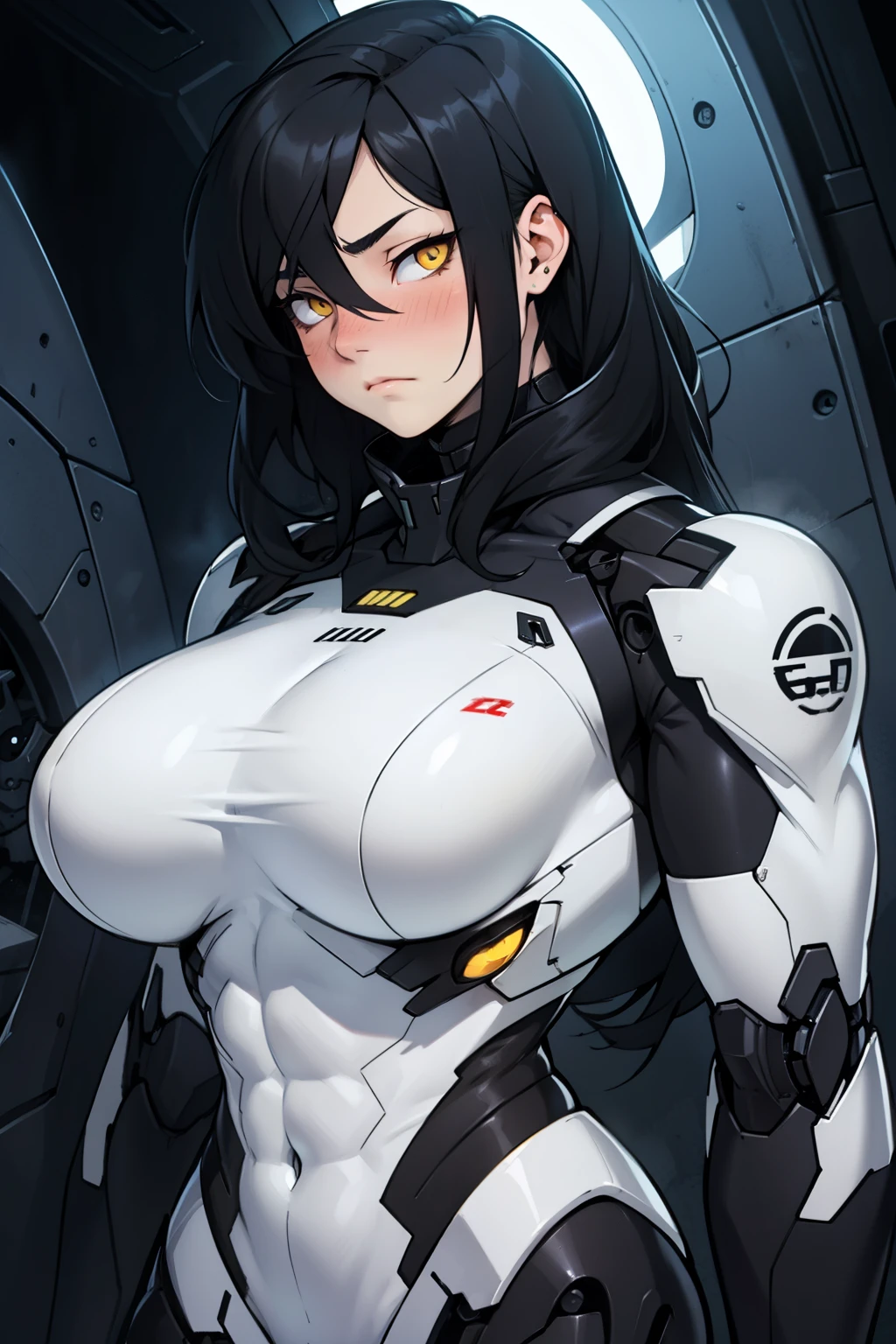 mechanical suit black hair yellow eyes pale skin dark atmosphere muscular girl massive breasts solo muscular body expressionless sad empty eyes blush