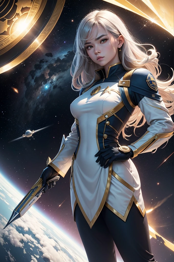 To create an elegant and exclusive uniform for a space explorer team similar to the uniforms from the franchise "star"trek", more of a high goal, with a different emblem in the shape of a bird and a four-pointed star inside a circle, using golden colors, silver and blue, used by a greenish humanoid reptilian man, 精致的面容, soft and expressive extremely big and strong using all kinds of weapons as a warrior in a spaceship, full body view