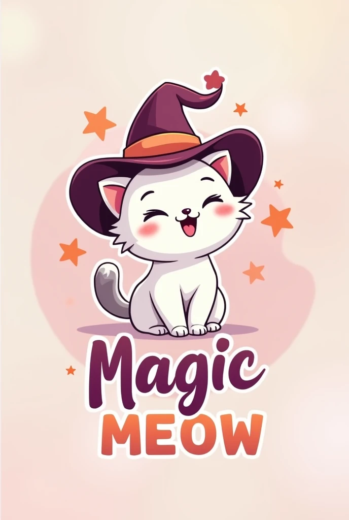 Logo for an online accessories store, With the name, Magic MEOW, with cute theme, animated with outline, and that the white kitten with a gray spot on its tail, have a witch hat

