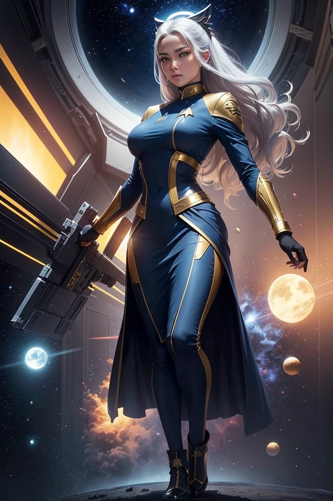 To create an elegant and exclusive uniform for a space explorer team similar to the uniforms from the franchise "star"trek", more of a high goal, with a different emblem in the shape of a bird and a four-pointed star inside a circle, using golden colors, silver and blue, used by a greenish humanoid reptilian man, 精致的面容, soft and expressive extremely big and strong using all kinds of weapons as a warrior in a spaceship, full body view