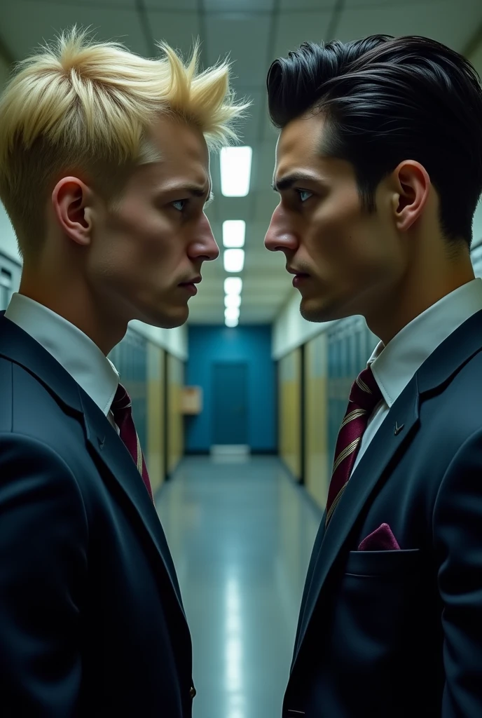 Two male characters, one is blonde with red eyes and the other has black hair with blue eyes. They both are with a school uniform and are facing each other with a angry face. Zoom in their faces, don't showing more than their shoulder. [Don't use a anime style, use one with more realistic traits]