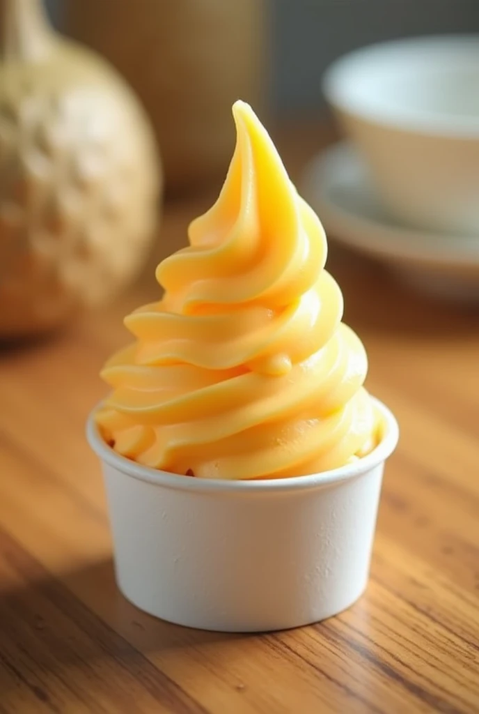 (Realistic), (Advertisement), (tasty looking)
SQUASH ICE CREAM, small white container close, table, Philippines style, up close picture, the ice cream is put inside a small container with cover