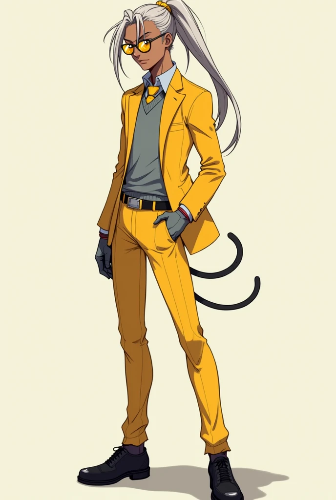 is a 17-year-old with a striking appearance and a meticulously crafted style. He stands at an average height with bronzed skin that complements his unique hair—silver with golden highlights—always tied in a short ponytail just above the nape of his neck. Two long strands fall on either side of his face, framing his intense, golden eyes. Rat’s look is completed with yellow aviator sunglasses, which he always wears. His school uniform is as sharp as his personality: a yellow long-sleeved dress shirt under a gray sleeveless sweater, topped with a yellow blazer. He pairs this with matching yellow dress pants and elegant black shoes, accessorizing with gray leather gloves adorned with red and silver details. Stlyle anime .full body and detailed