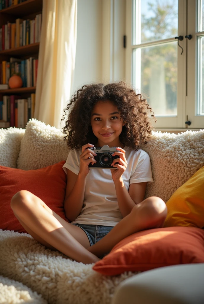 A brunette girl with curly hair and big breasts sits with her legs stretched out, taking a realistic photo