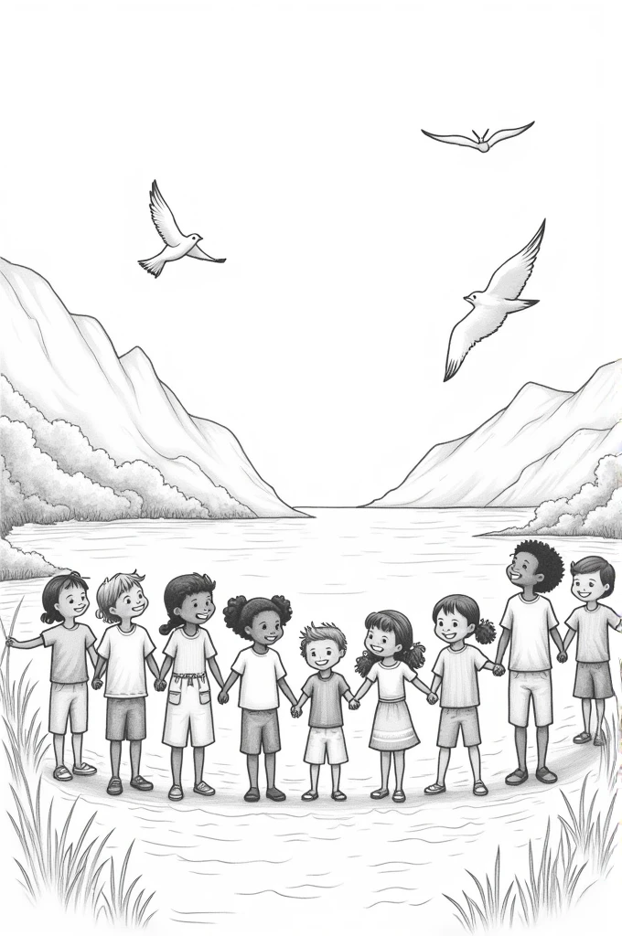 A black and white linear image of children forming a circle. In the background the sea, mountains and forests. Flying birds and musical notes.