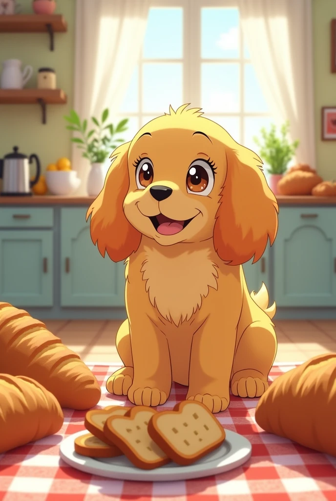a picture of a yellow cocker spaniel who is small and fat and loves to eat bread in the morning, She is into bread, make it in the 90s anime style