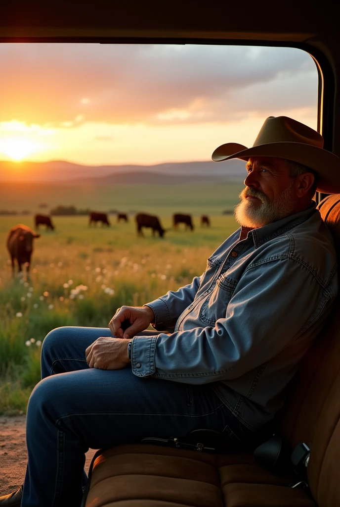 Rancher in his luxury truck looking at his ranch and cows