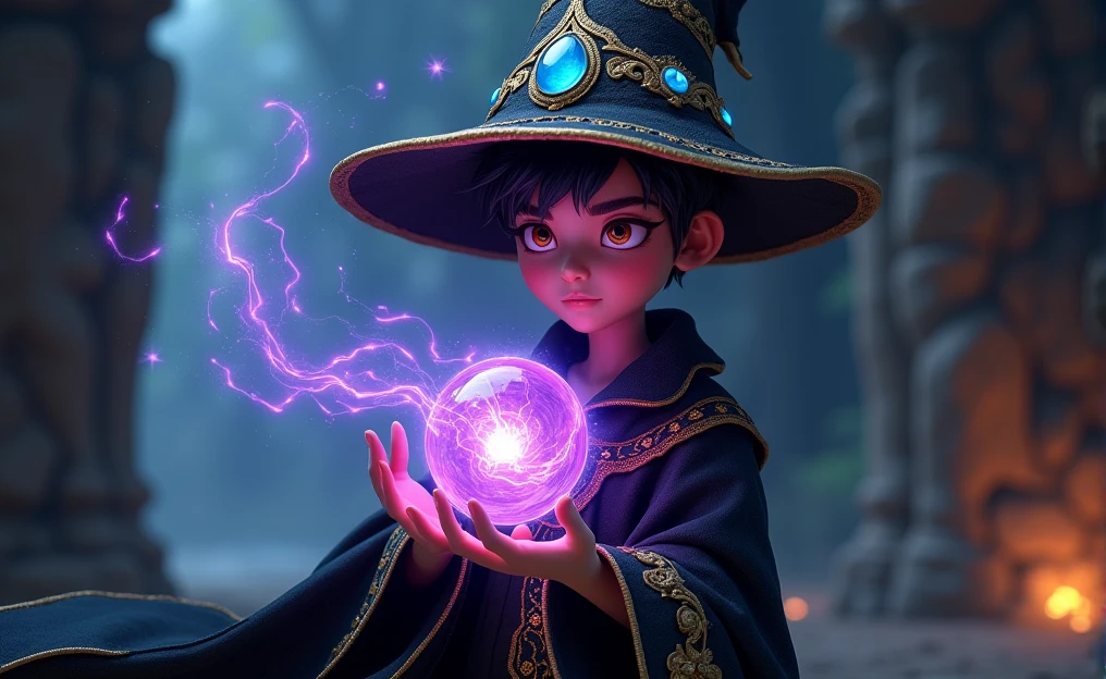 A young magician, about 20 years old and a little enigmatic, dressed in a black robe adorned with gold details and bright blue gems. Wear a matching wizard hat, also decorated with gold patterns and a large blue gem in the center. His hair is black and messy, falling slightly under the hat. His eyes are a deep reddish hue, looking intensely. In his hands he holds a purple and blue sphere of magical energy., that emits a mystical light. The environment is dark, with flashes of light and magical energy floating in the air.
the style is animated a bit realistic