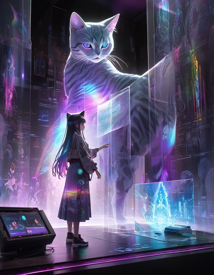 (Full color, (transparency:2.0), BREAK Ultra-realism, Detailed and realistic skin texture, Detailed and intricate texture, Detailed and intricate brushwork, Detailed and clear depiction, Transparent depiction, aesthetic, Girl with cat, DJ girl in a club, cyber punk, White and purple gradient braided long hair, Neon holographic transparent cat dancing like a human, BREAK Neon Art Background, Cinematic lighting effects, Transparent light, Mysterious Light, Fantastic Fog, Cryptical, BREAK ((Phantasmal iridescent, holographic)), (Detailed and transparent depiction, transparency:1.6),