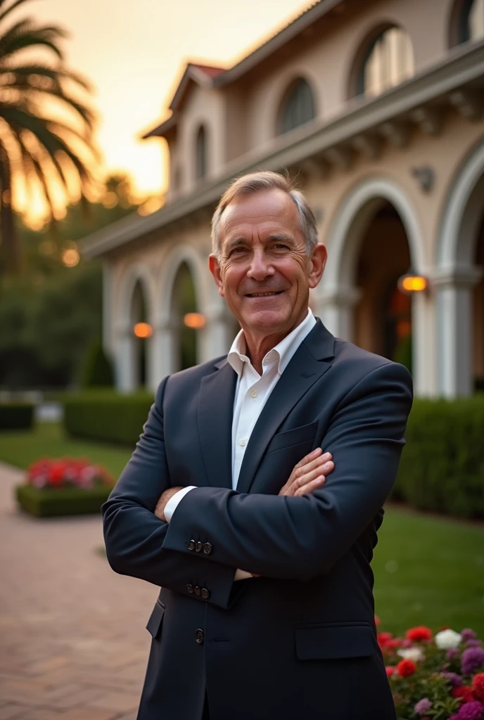 A hotel owner in front of a hotel, looking confident.