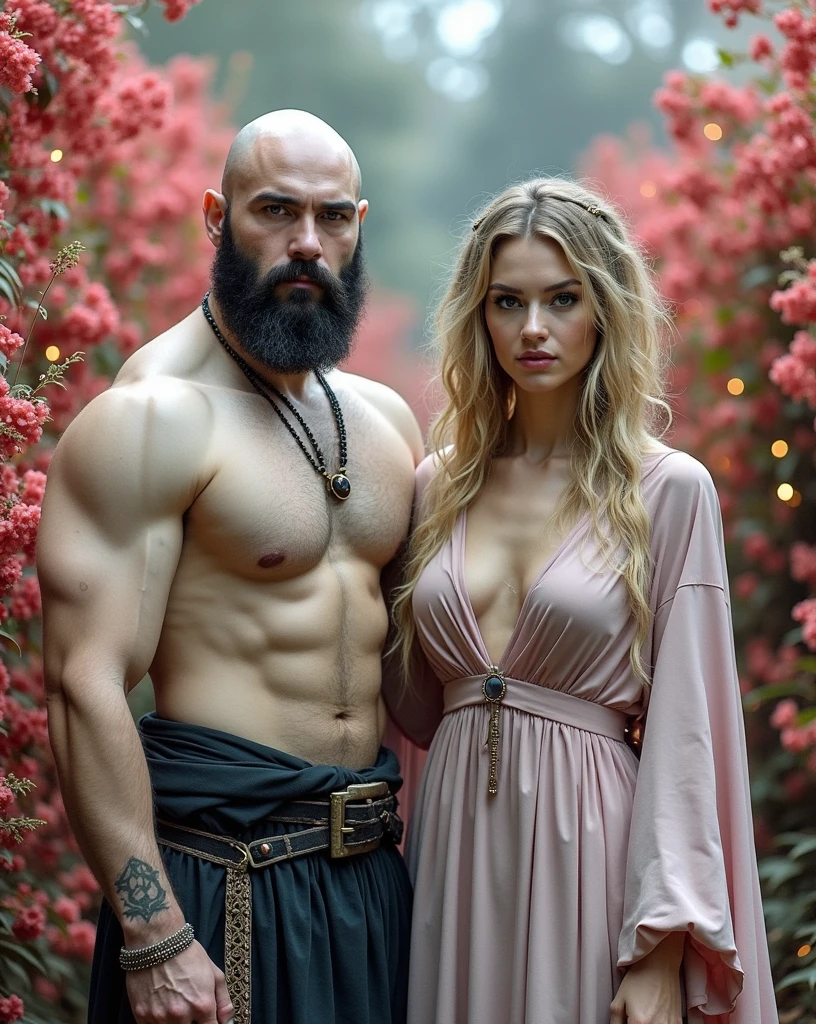 Sacred rebels, an extremely attractive couple. Dark bearded bald shaman man with muscular upper body bare. Blonde fairie-like extremely beautiful woman dressed in pink. Side by side, facing the camera, looking into the camera.