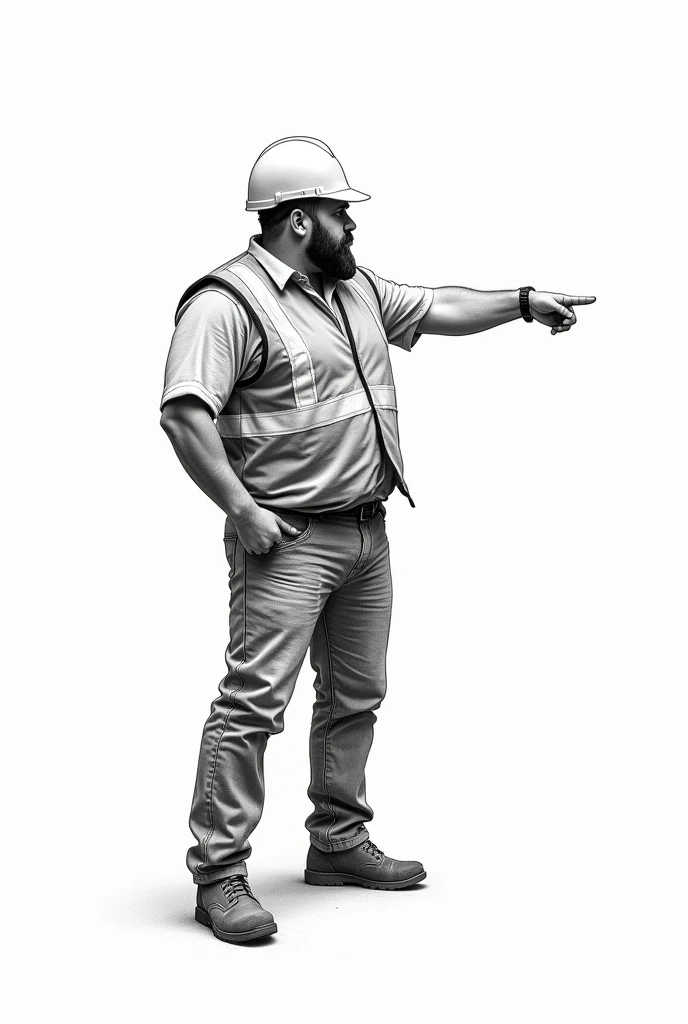 Simple black and white drawing of a man wearing a white construction safety helmet and reflective vest, bottomless pointing with his finger to the right
