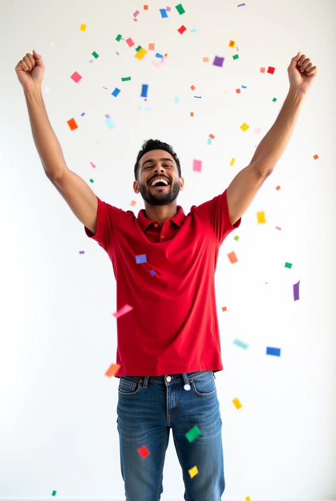 A 25 year old man wearing jeans and a red polo shirt is happy celebrating something , white background