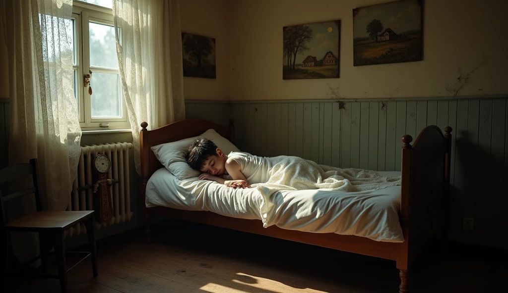 Old beds with dirty, peeling tiles and cracks、Bedroom floor littered with rotting dead aquatic creatures, food scraps and rotting seafood with polluted, cloudy cloudy streams、A fat Japan woman in her 20s in pajamas who sleeps with her mouth wide open and vomiting with a terrible look and an expression of anguish