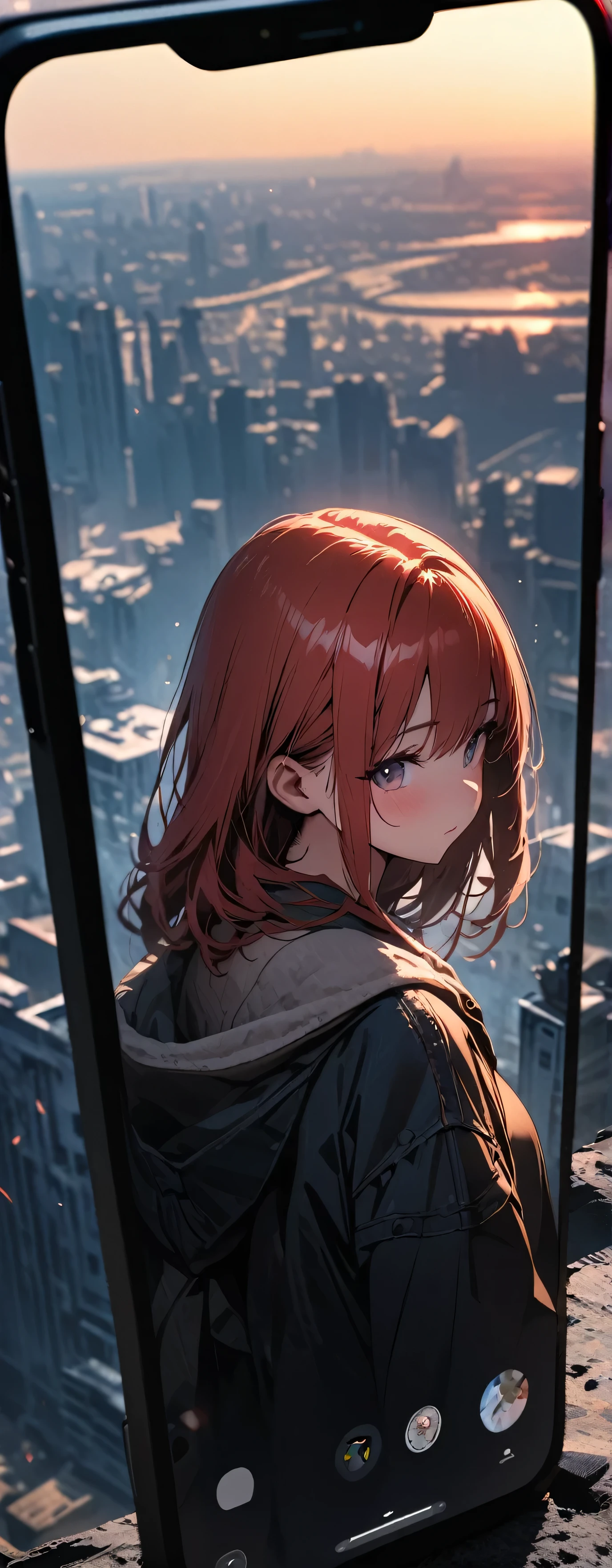 masterpiece, Highest quality, Ultra-high resolution,Rich contrast,super high quality,8k,Highly detailed CG unit wallpaper,Ultra-high resolution,RAW Photos, Depth of Field 1.2,Cute girl on smartphone screen,,Staring at my smartphone in a ruined city covered in ash,(beautiful girl: 1.3),overlooking,(magnificent panorama view:1.3) 