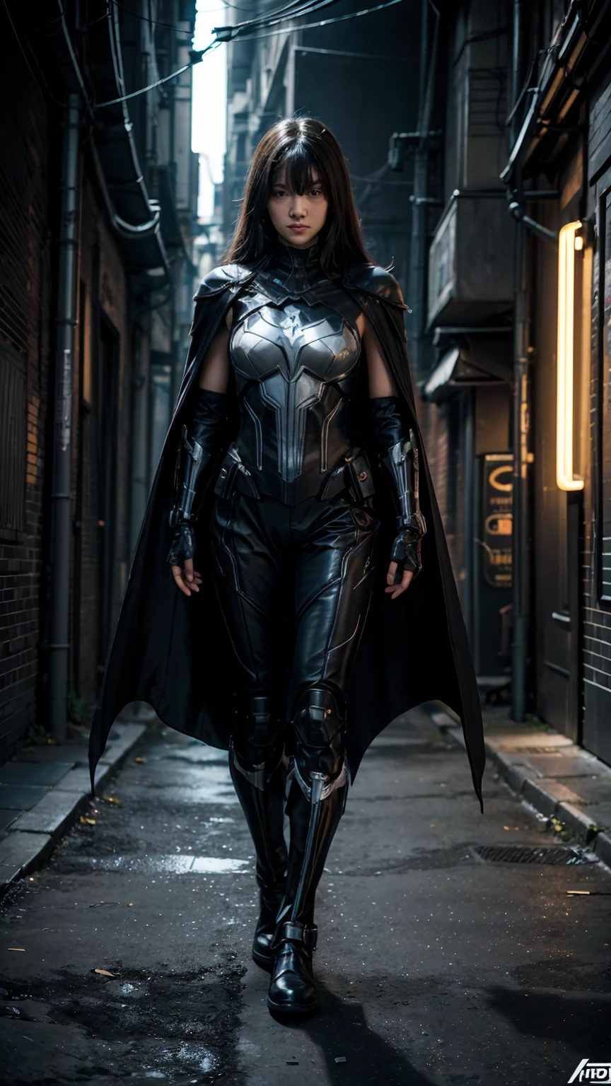 ((Full body photo, standing, feet on the floor)) work of art, best qualityer, nvidia RTX, clear image, ultra details, cinematic lightning, high-tech futuristic batman:1.3, perfect face details, Proportionate Body, facial hair, olhos luminosos:1.3, perfect mouth:1.3, glowing neon cybernetic armor:1.3, black gold cybernetic armor:1.3, perfect cape, cape blown by strong winds:1.3, Symmetrical pose, whole body, epic light reflections, natta, dark alley, haze