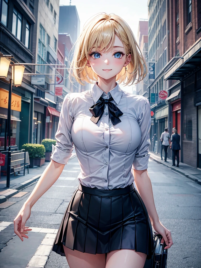 Anime style, super fine illustration, highly detailed, beautiful detailed, pale tone image, static representation, gentle expression, 8k, pretty 1girl with blonde straight short hair & blue eyes & a bright smile & full bust & soft fair skin is wearing big white business shirt not to show her skin & black tight skirt & 1business bag, on the business building street, in the morning, brilliant particles of lights, romantic stories, solo, perfect fingers, perfect arms, perfect legs, masterpiece.