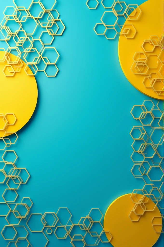 Create a formal image for a 21-page book.59 cm x  35.56 cm turquoise blue and yellow tones, with hexagons together throughout the image 