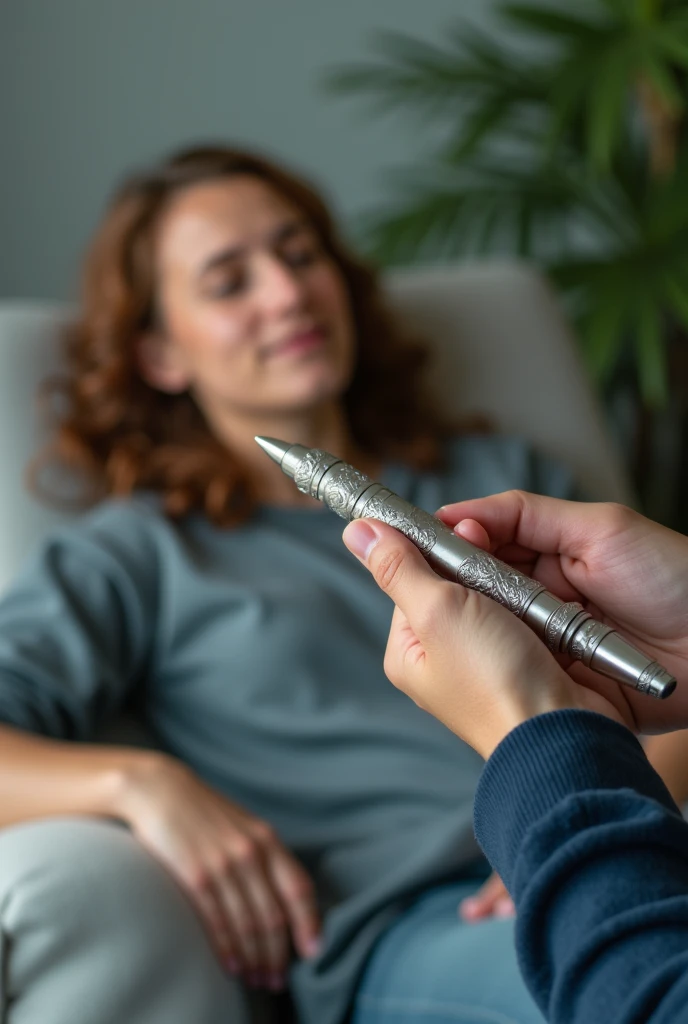 person lying down receiving therapy , therapist holding silver pen without point , not the person's hand