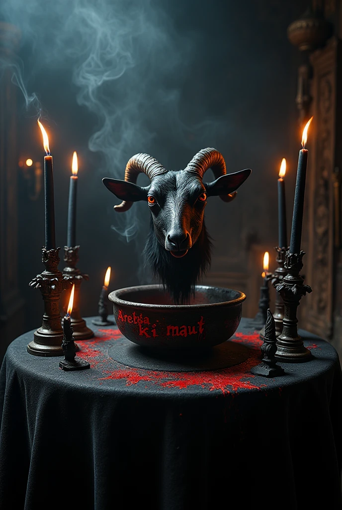 Altar with inverted pentagrams, The head of a black goat on the altar, black candles, Incense smoke rising from a bowl on the altar, which has the word written in blood "trinidad"