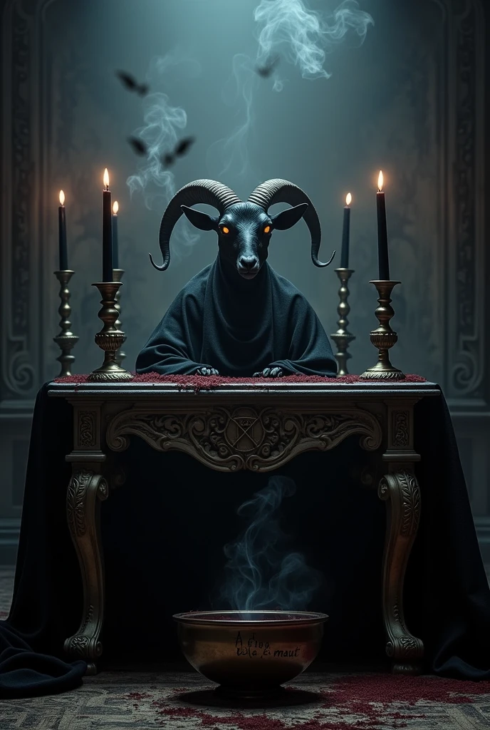 Altar with inverted pentagrams, The head of a black goat on the altar, black candles, Incense smoke rising from a bowl on the altar, which has the word written in blood "Areeba ki maut "