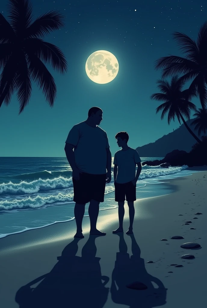 A beach photo with a friend chilling only the shadow should be visible and one person should be fat and tall the other person should be small and thin. With night photo taken at 3 am