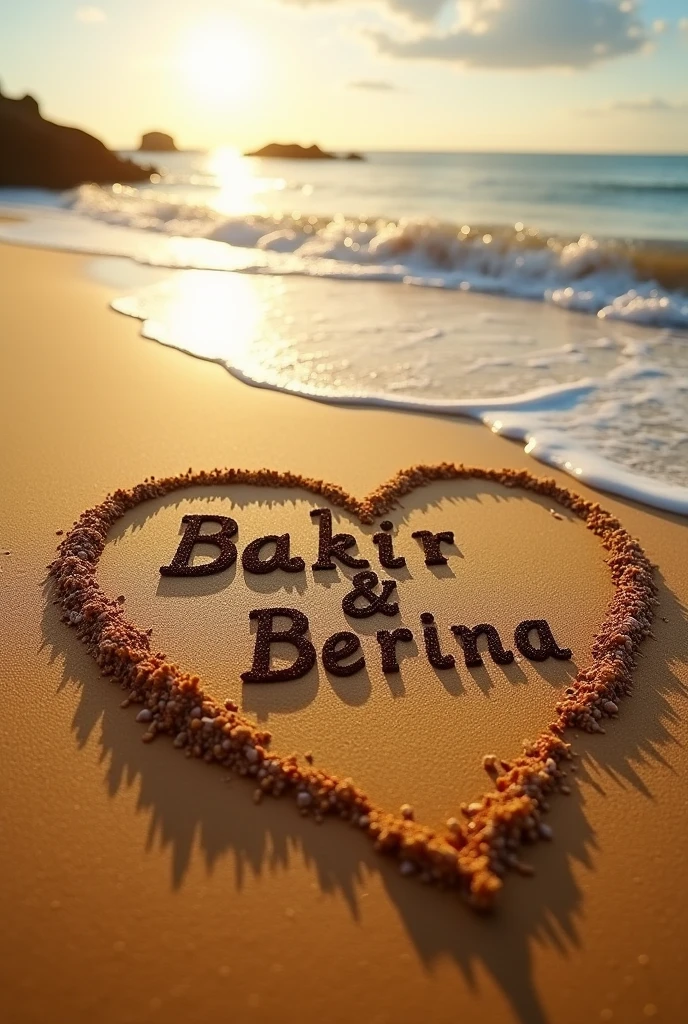 Generate me a real photo of real sand where boyfriend and girlfriend write their names Bakir and Berina on it in the shape of heart.But only show me the sand and shape of heart with their names Bakir and Berina and please make it more realistic please to not look like ai created it i know that you can do it