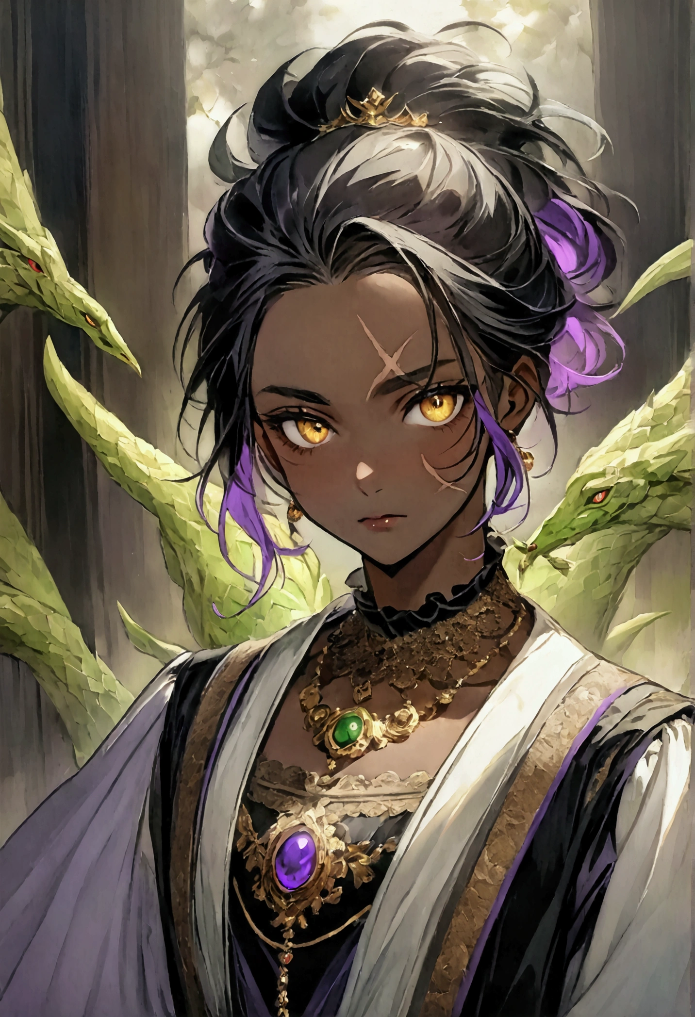 Black hair with purple tips short messy, royal clothes, dark skin with a scar from the cheek to near the right eye, golden eyes.  wears a necklace that looks very much like a green dragon's eye