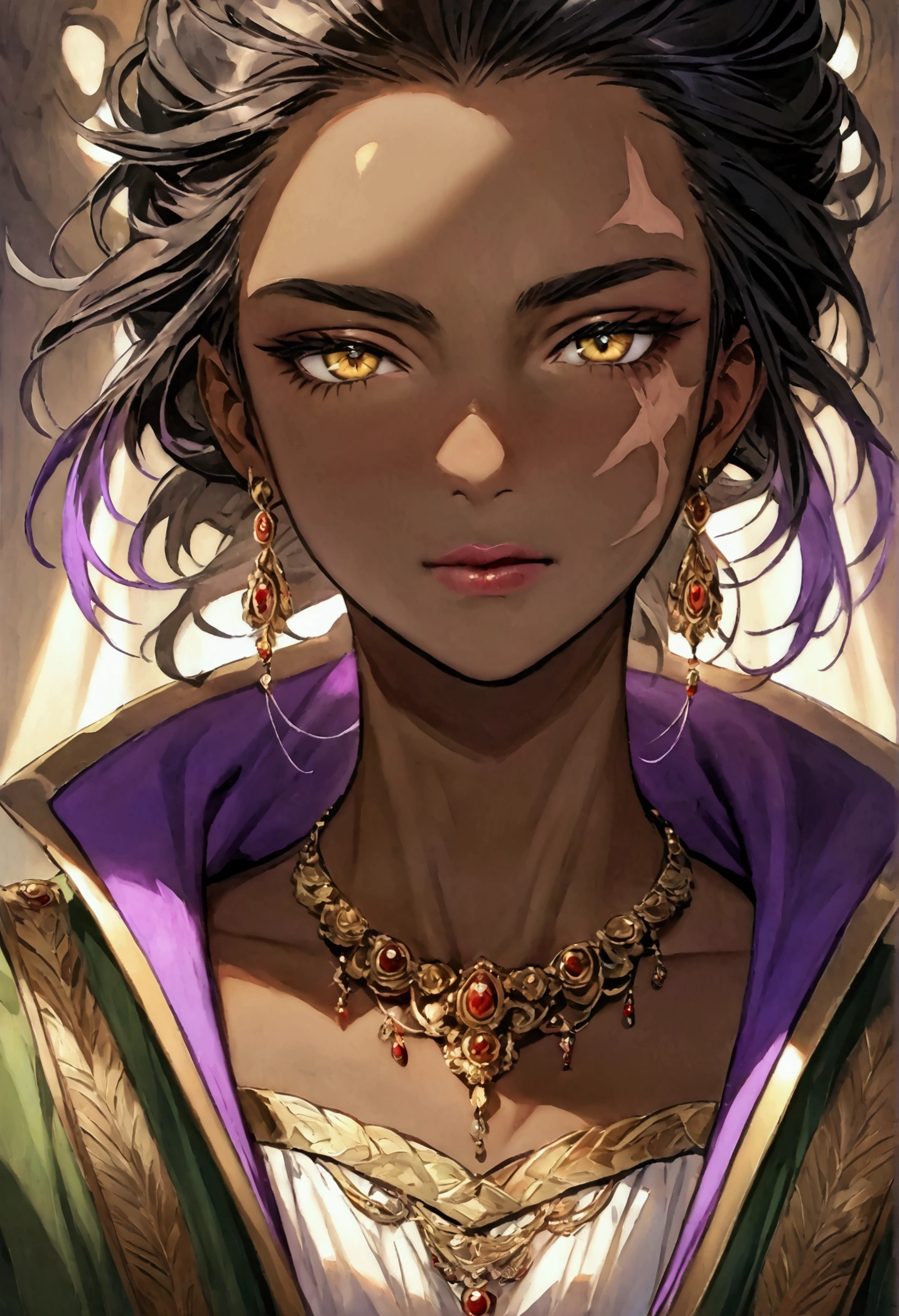 Black hair with purple tips short messy, royal clothes, dark skin with a scar from the cheek to near the right eye, golden eyes. wears a necklace that looks very much like a green dragon's eye