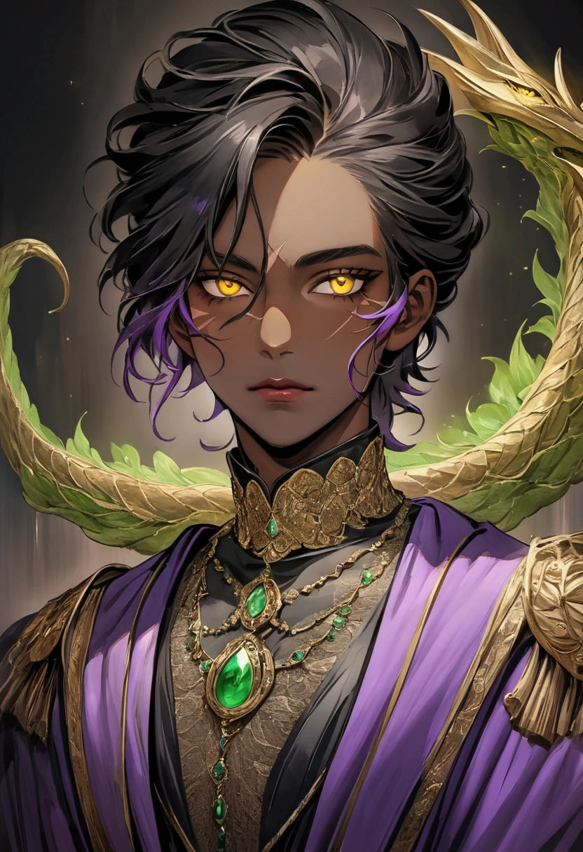 Black hair with purple tips short messy, royal clothes, dark skin with a scar from the cheek to near the right eye, golden eyes.  wears a necklace that looks very much like a green dragon's eye