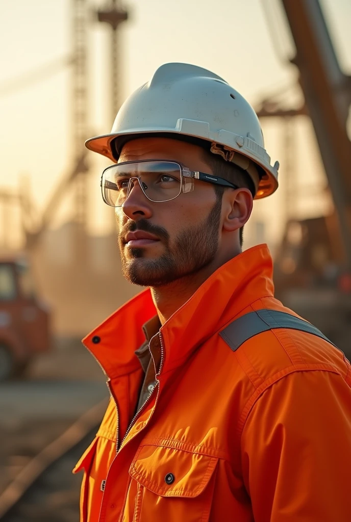 A man wearing a safety suit and safety glasses