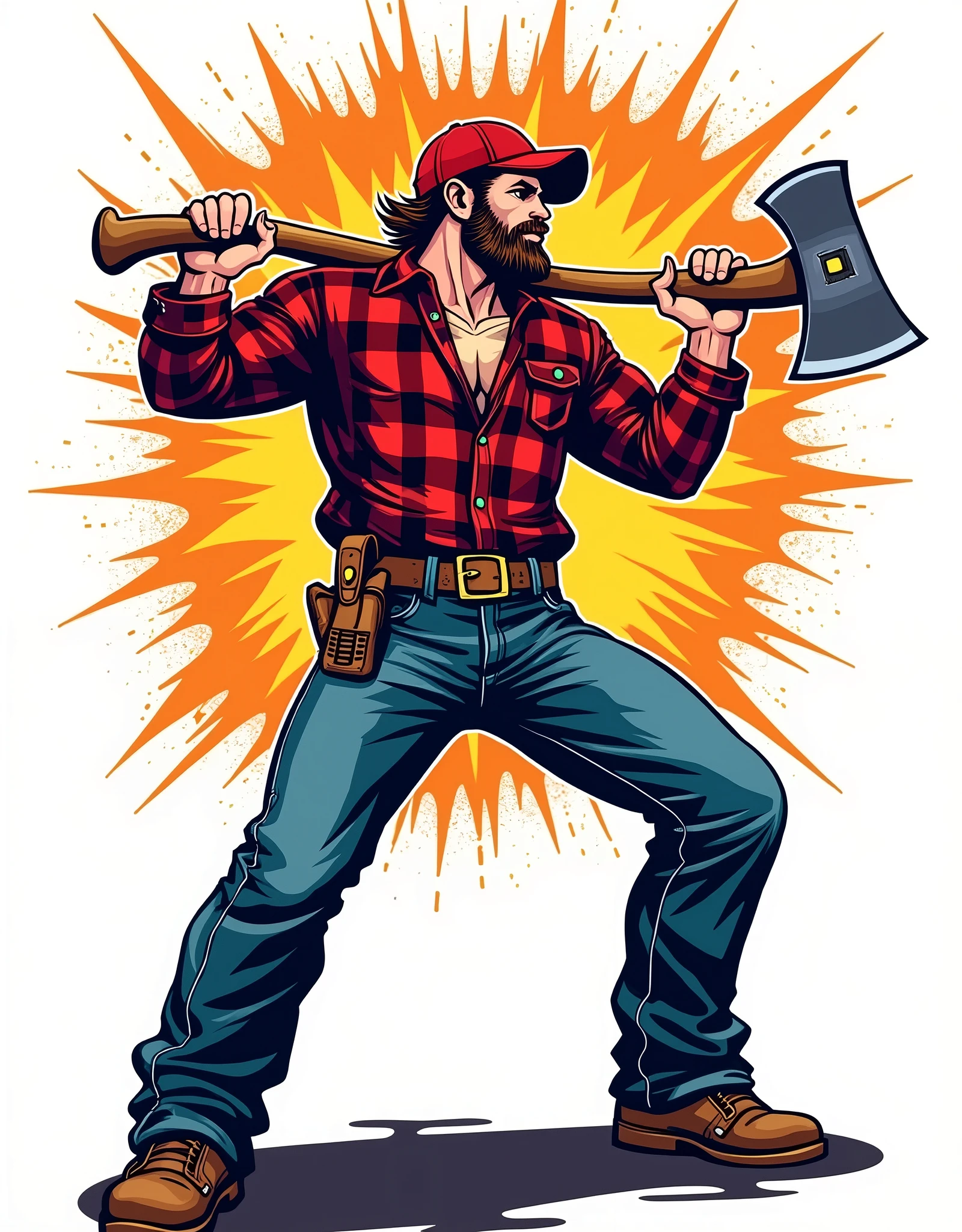 Lumberjack 2D flat illustration t-shirt logo featuring a dynamic lumberjack holding an axe, crafted in a Pop Art style with bright, contrasting colors and comic book-inspired graphics. The vibrant design stands out on a white background.