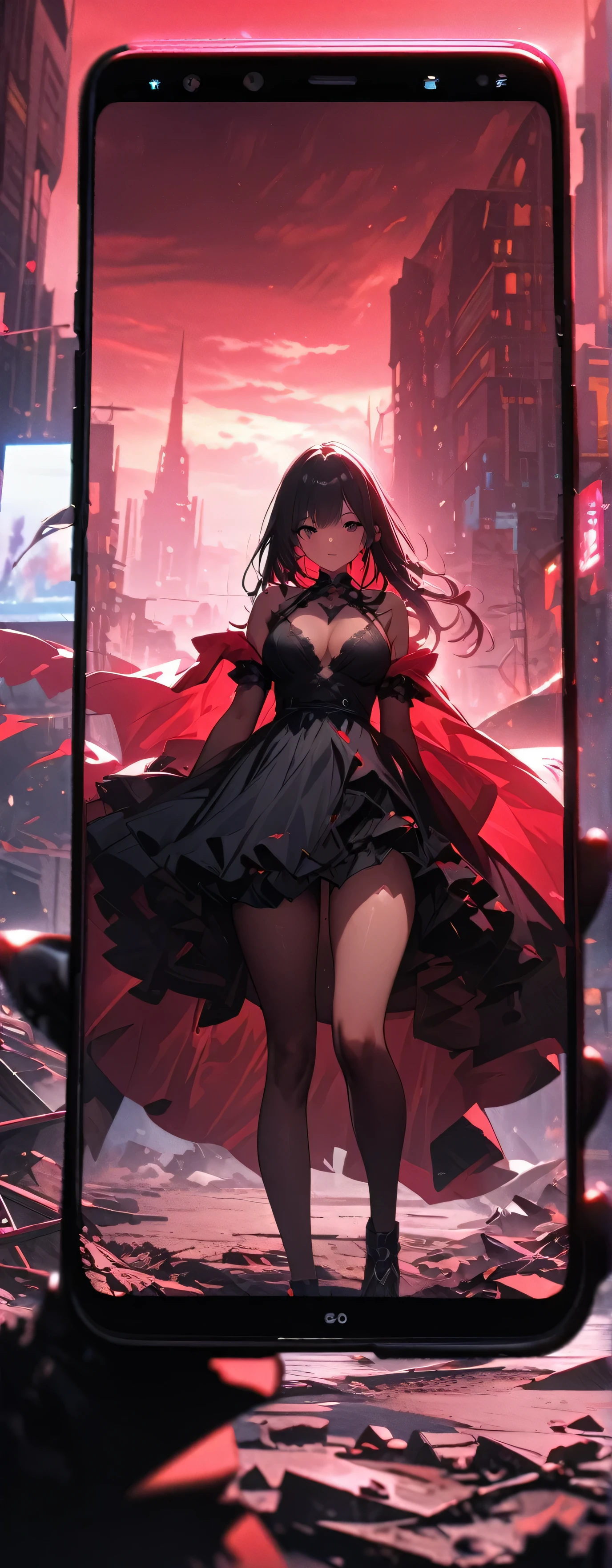 masterpiece, Highest quality, Ultra-high resolution,Rich contrast,super high quality,8k,Highly detailed CG unit wallpaper,Ultra-high resolution,RAW Photos, Depth of Field 1.2,The smartphone screen shows a beautiful girl standing in the city,Outside the smartphone screen is a wasteland of rubble