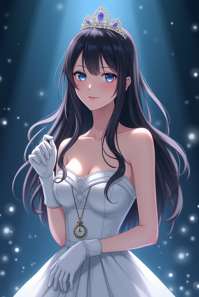 sagisawa fumika, 1girl, solo, watch, pendant watch, blue eyes, breasts, gloves, tiara, dress, long hair, cleavage, looking at viewer, white gloves, bare shoulders, open mouth, large breasts, strapless, choker, blush, white dress, black hair, brown hair, hair between eyes, strapless dress, collarbone, smile, bangs, on stage,