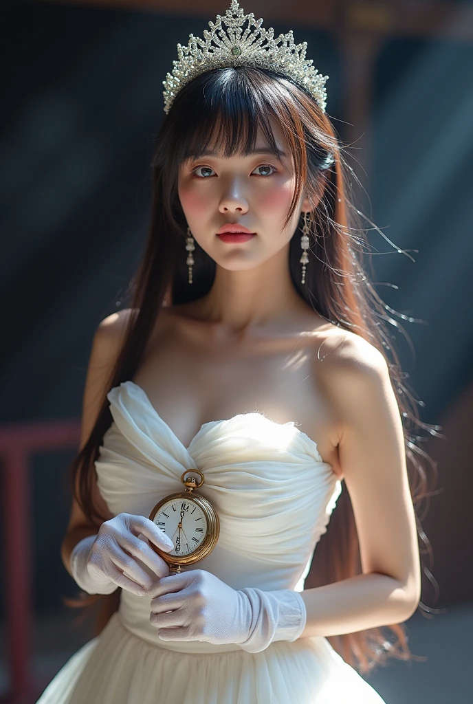 sagisawa fumika, 1girl, solo, watch, pendant watch, blue eyes, breasts, gloves, tiara, dress, long hair, cleavage, looking at viewer, white gloves, bare shoulders, open mouth, large breasts, strapless, choker, blush, white dress, black hair, brown hair, hair between eyes, strapless dress, collarbone, smile, bangs, on stage,