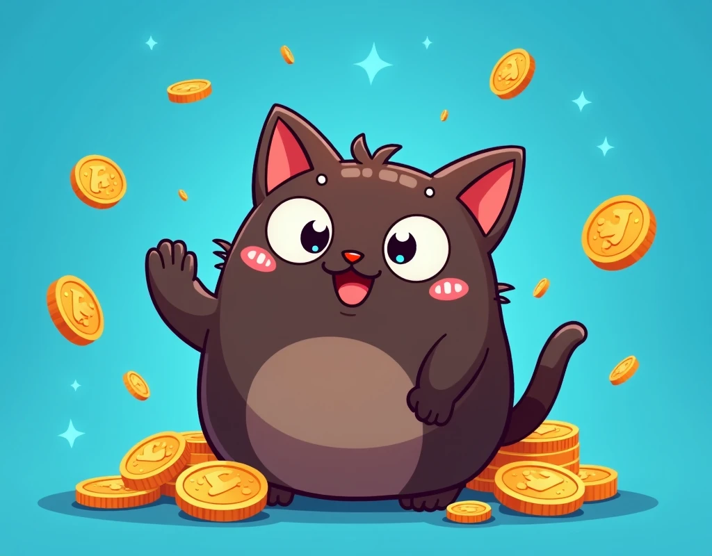 coin logo , tone network , dark brown cat , blue background , oggy inu , cat inu , fat