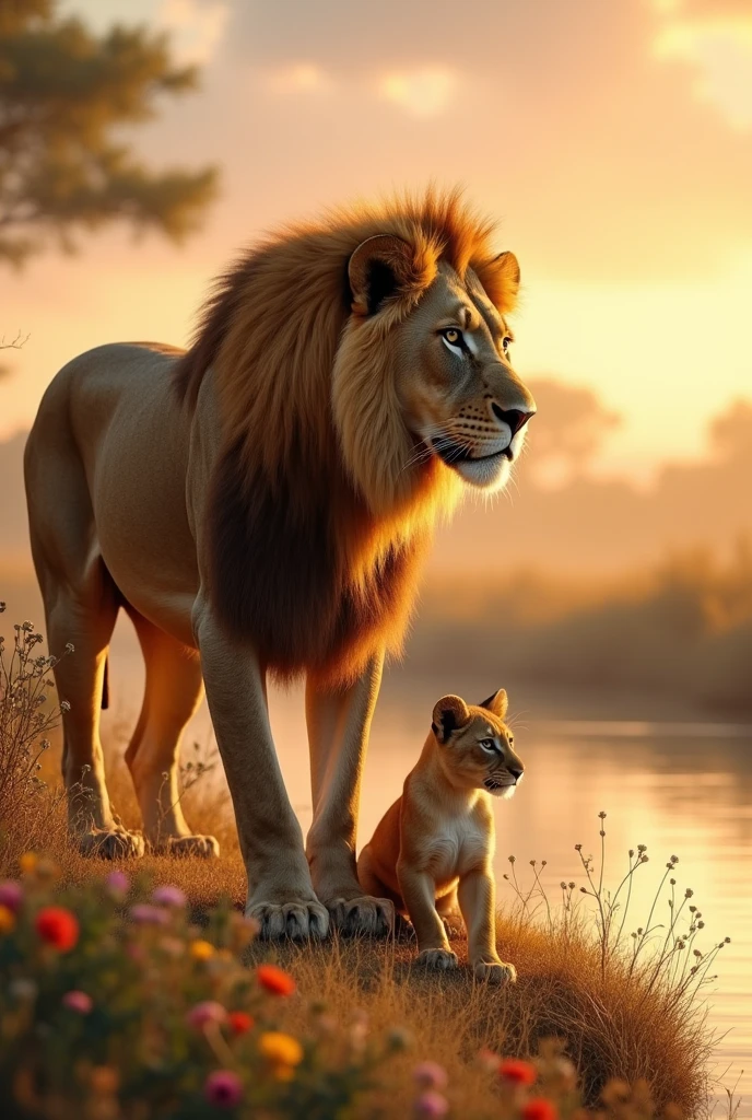 Generate an ultra realistic 8k full hd image of a beautiful and strong female lioness without a mane protecting a beautiful and delicate cub in a landscape of lake and flowers