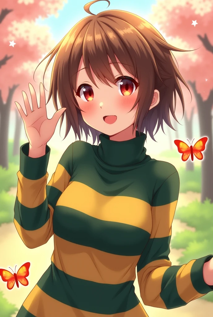 an anime girl with red eyes and short brown hair wearing a dark green and yellow striped turtleneck sweater doing a cute pose